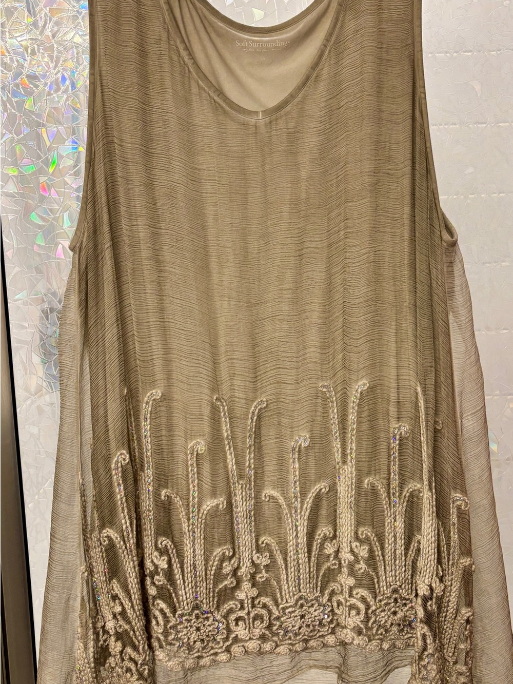 Soft Surroundings Taupe Embroidered Overlay Tank